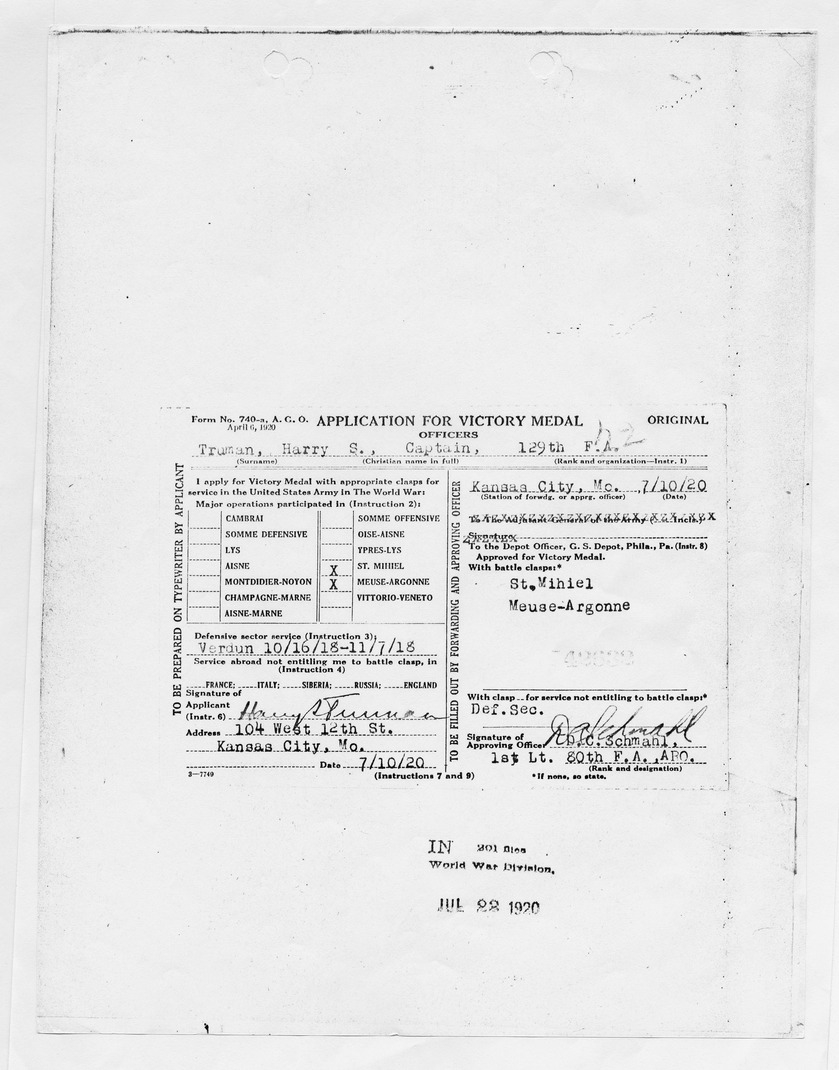 Application for Victory Medal for Captain Harry S. Truman