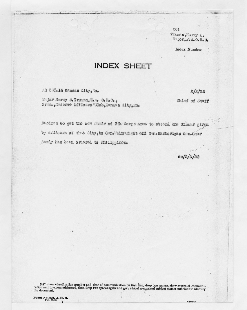 Index Sheet from Maj. Harry S. Truman to Chief of Staff, 7th Corps Area