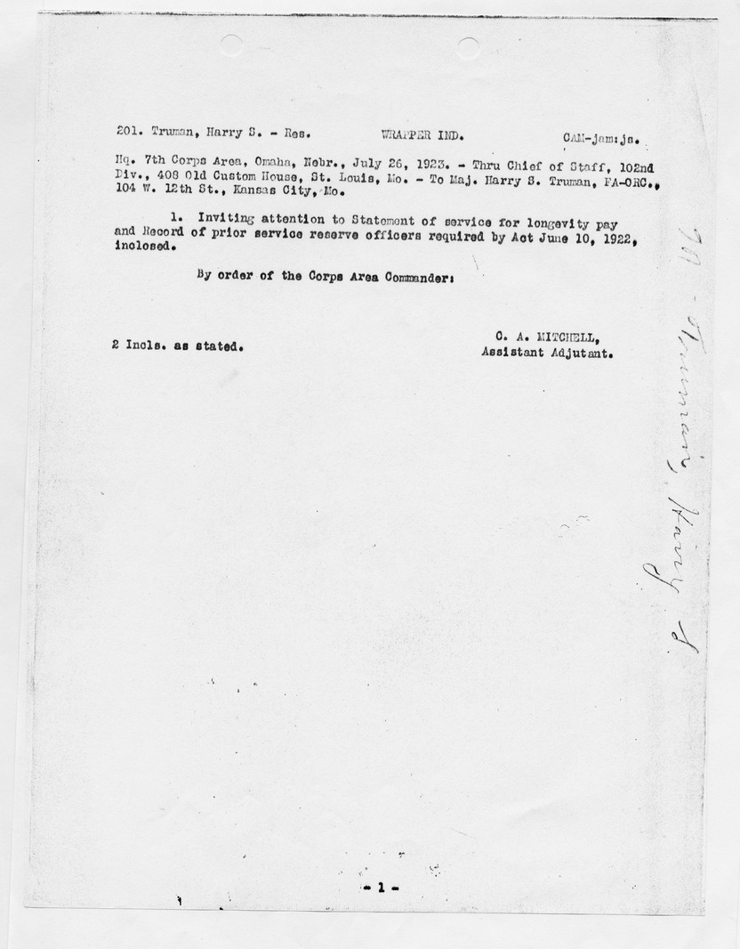 Memorandum from O. A. Mitchell to Harry S. Truman