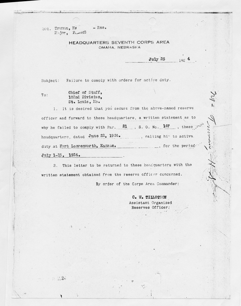 Memorandum from C. W. Tillotson to Chief of Staff, 102nd Division