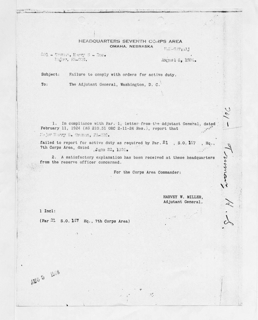 Memorandum from Harvey W. Miller to The Adjutant General, Washington, D. C.