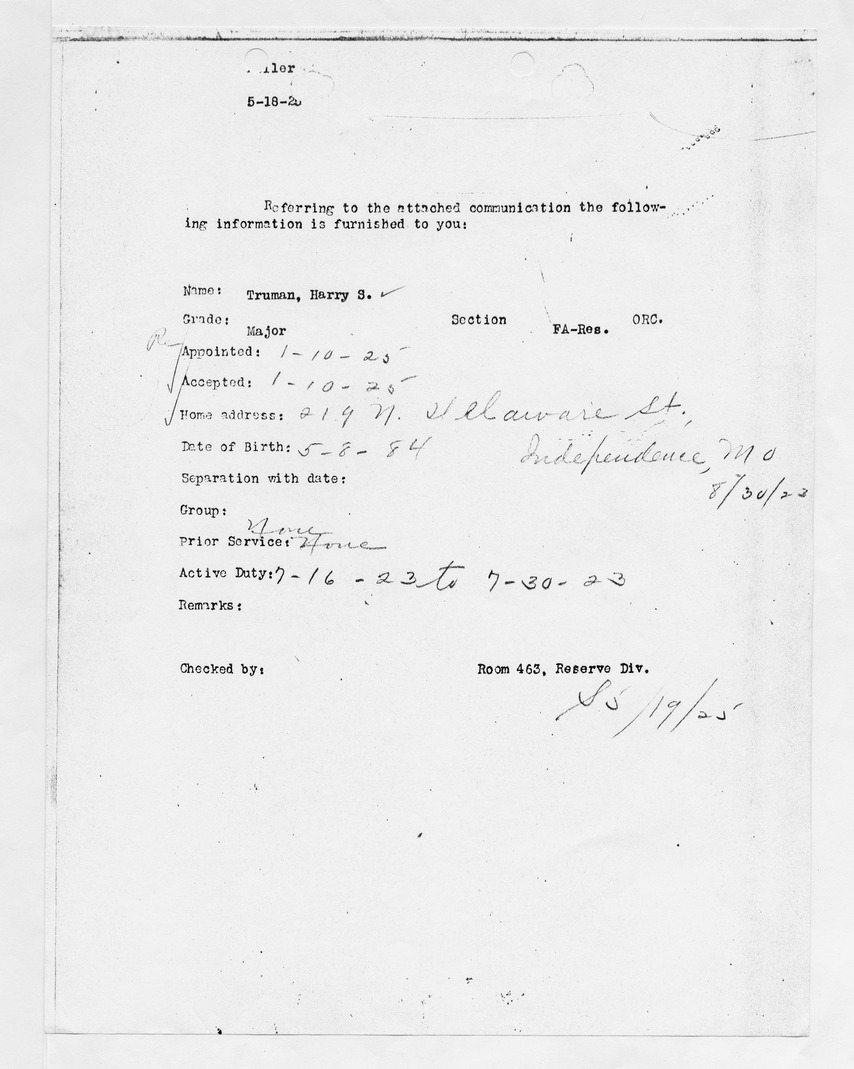 Personal Information Sheet for Major Harry S. Truman