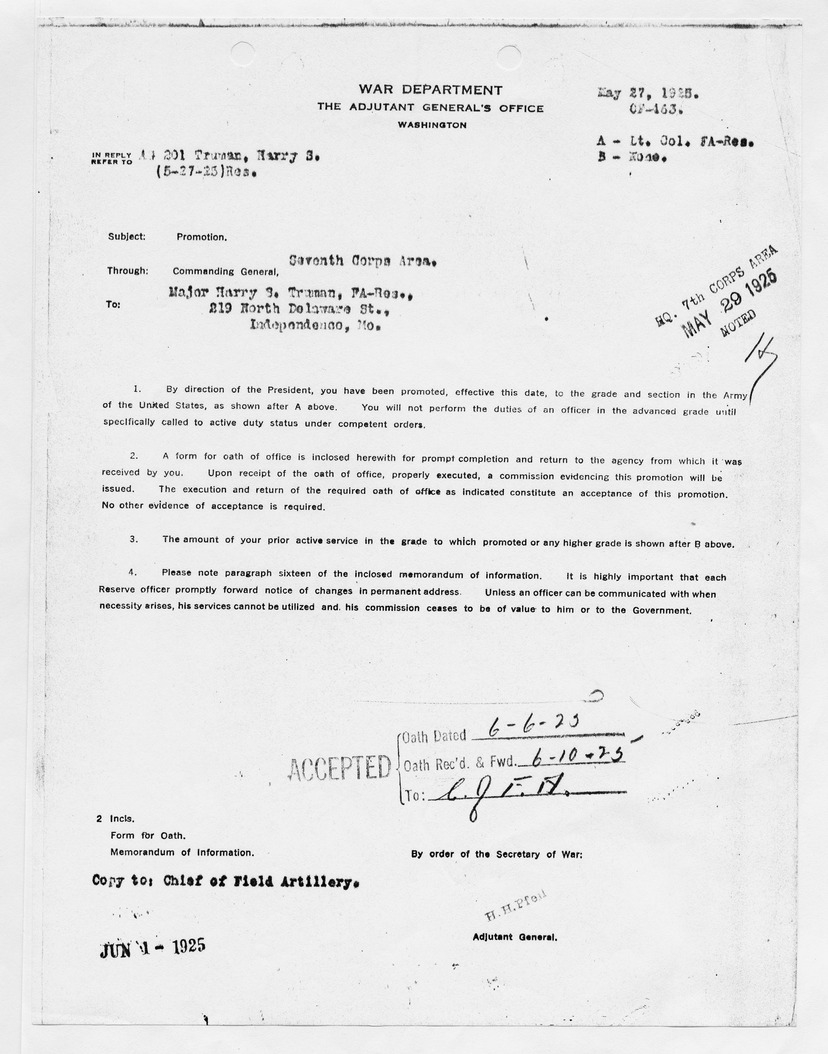 Memorandum from the Adjutant General to Major Harry S. Truman