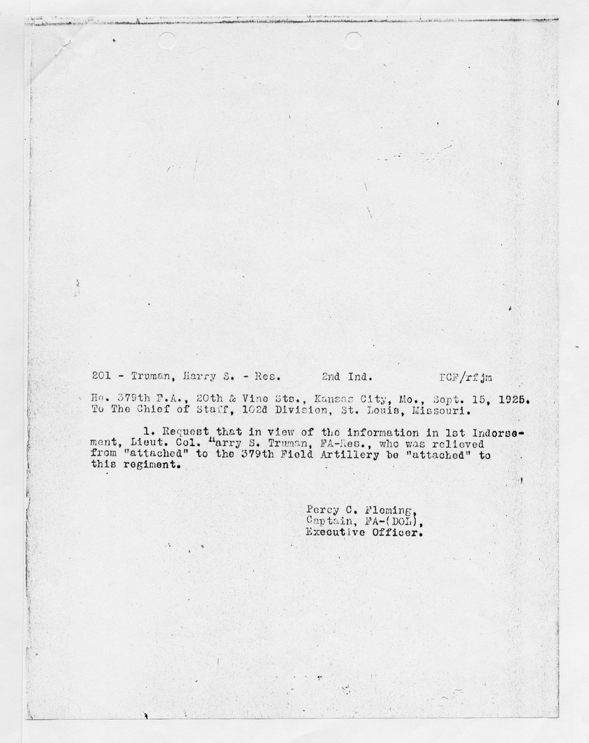 Correspondence Between Captain Percy C. Fleming and Major Charles H. Rich