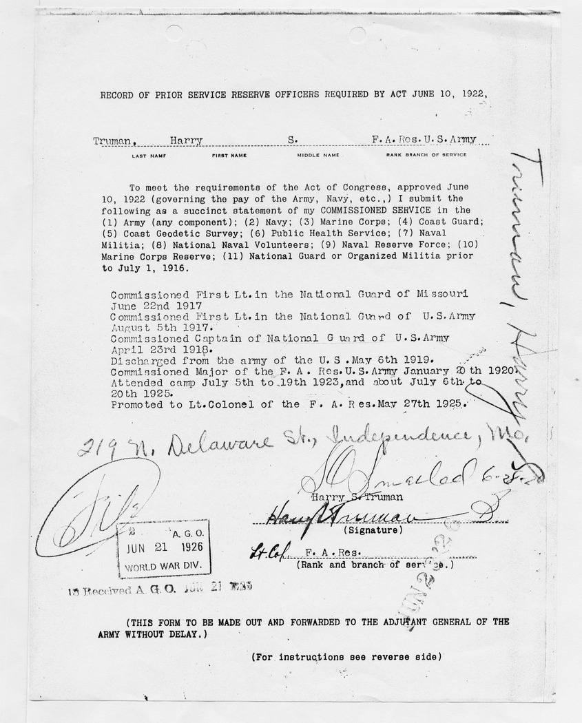 Record of Prior Service Reserve Officers for Harry S. Truman