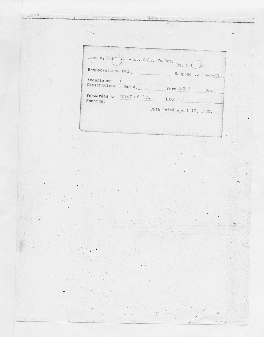 Identification Card for Lieutenant Colonel Harry S. Truman