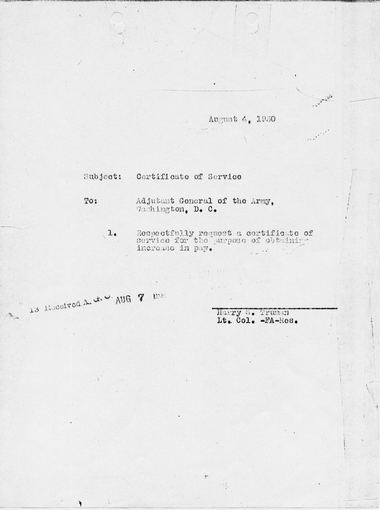 Memorandum from Lieutenant Colonel Harry S. Truman to the Adjutant General