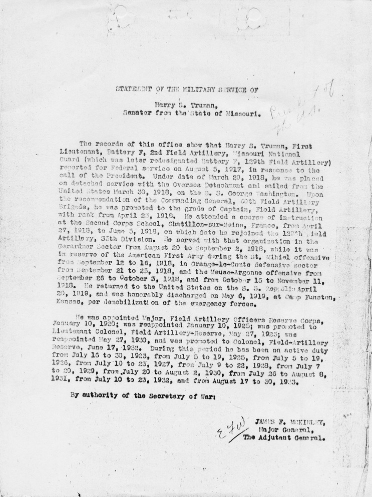 Statement from Major General James F. McKinley, "Statement of the Military Service of Harry S. Truman, Senator from the State of Missouri"