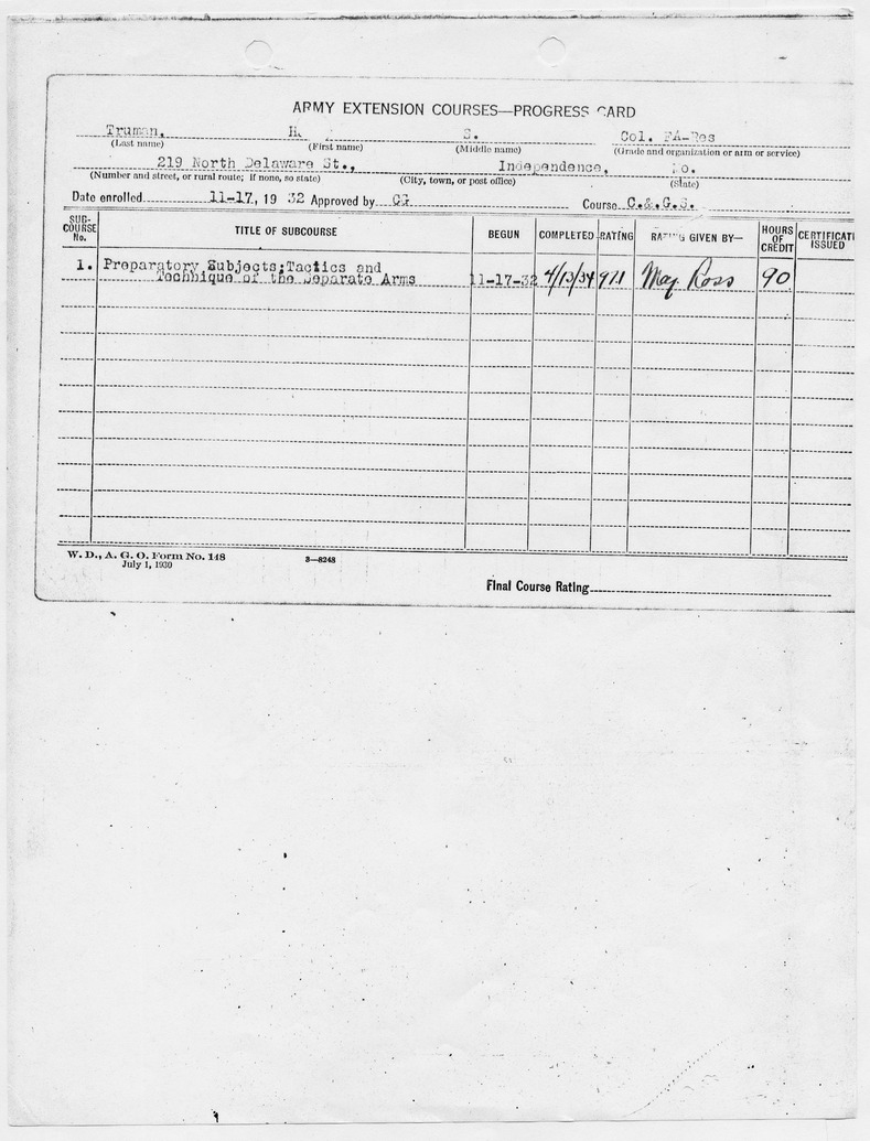 Army Extension Courses - Progress Card for Colonel Harry S. Truman