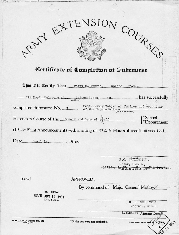 Certificate of Completion of Subcourse in Tactics and Technique of the Separate Arms for Colonel Harry S. Truman