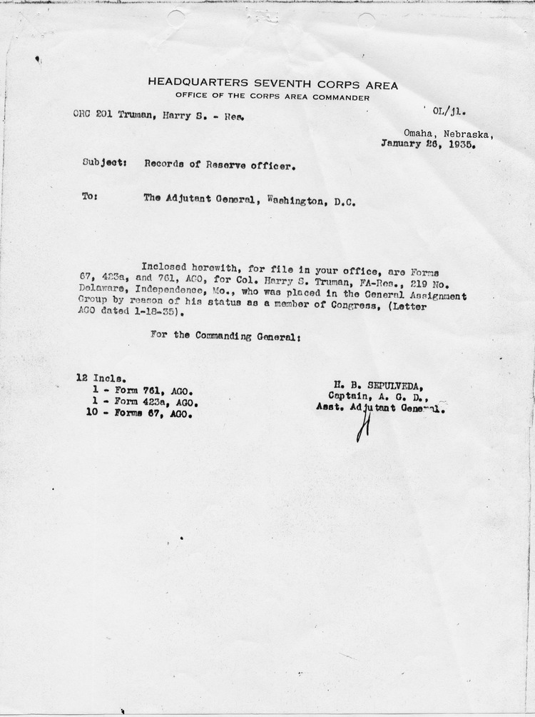 Memorandum from Captain H. B. Sepulveda to The Adjutant General with Attachments