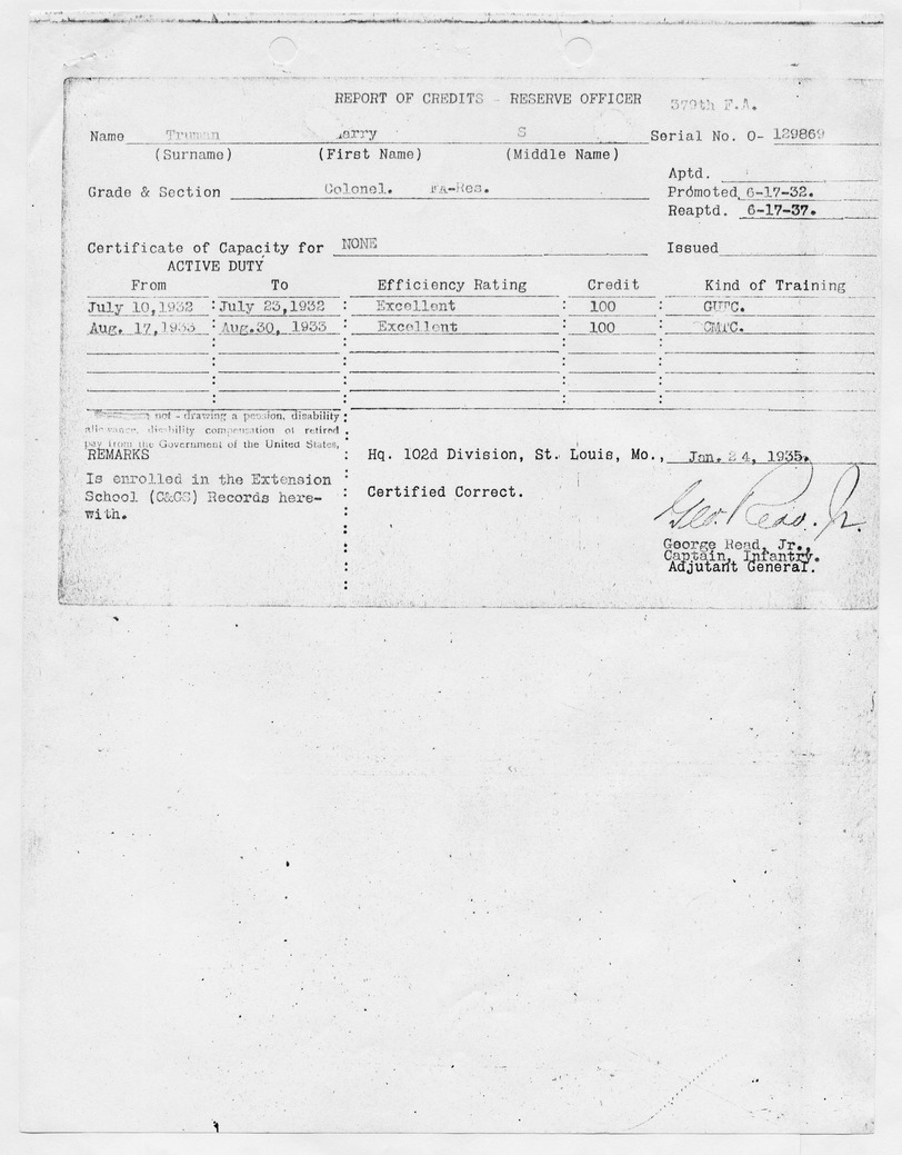 Report of Credits - Reserve Officer for Col. Harry S. Truman