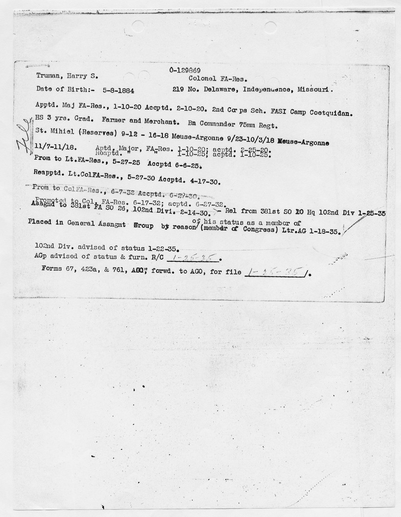 Service Record Summary and Status for Colonel Harry S. Truman