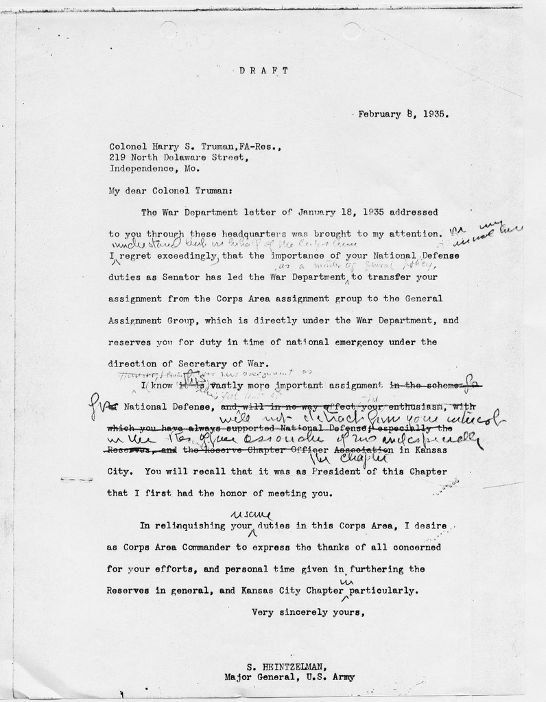 Draft of Letter from Major General S. Heintzelman to Colonel Harry S. Truman
