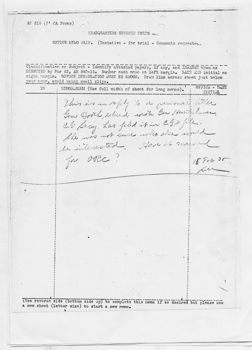 Headquarters Seventh Corps Internal Memorandum