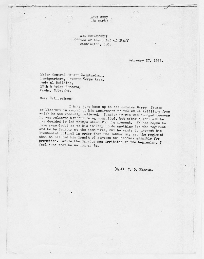 Memorandum from C. D. Herron to Major General Stuart Heintzelman