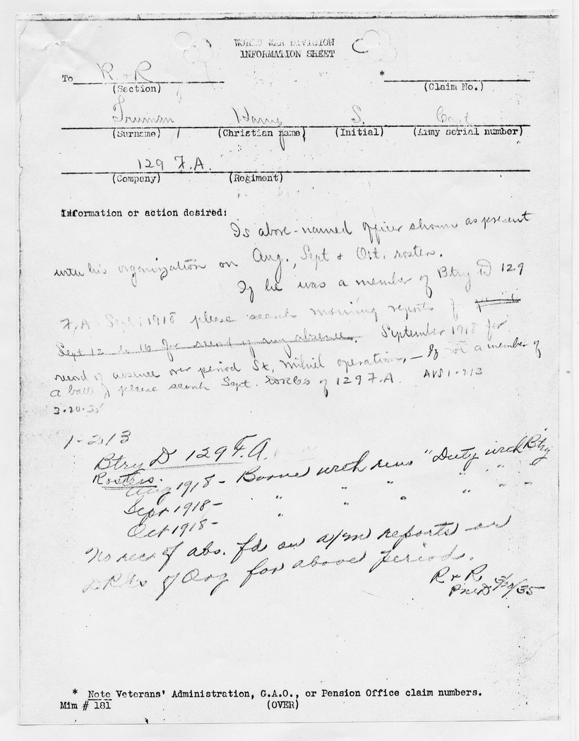 World War Revision Information Sheet for Captain Harry S. Truman