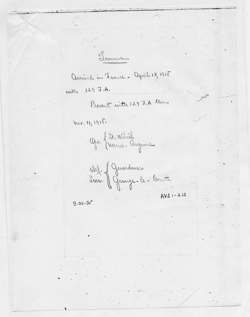 World War Revision Information Sheet for Captain Harry S. Truman