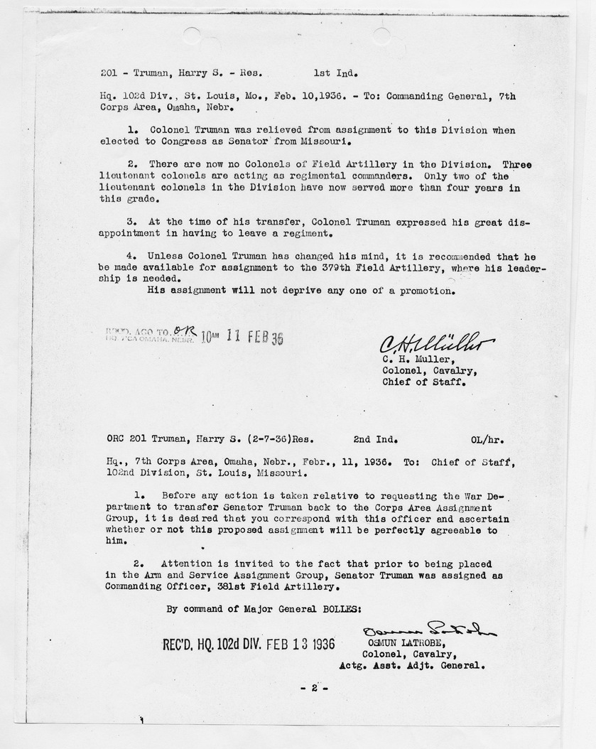 Memorandum from Colonel C. H. Muller to Commanding General 7th Corps Area
