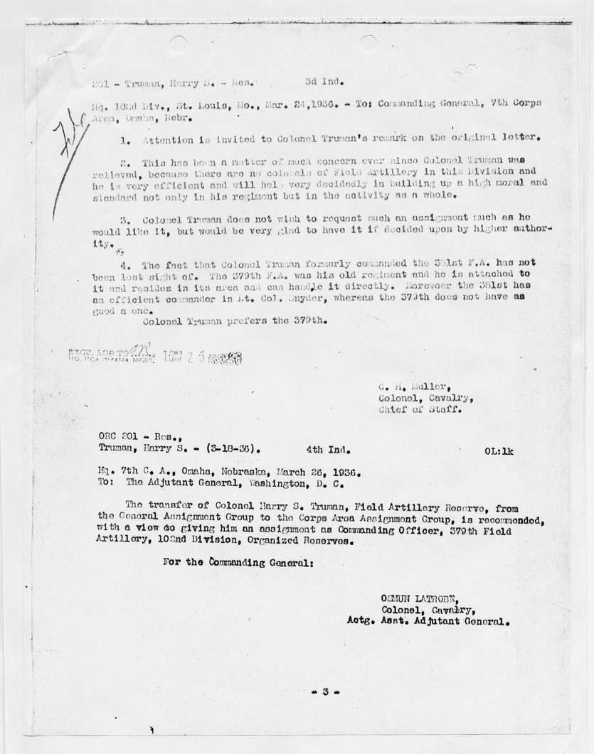 Memorandum from Colonel C. H. Muller to Commanding General, 7th Corps Area with Reply from Colonel Osmun Latrobe