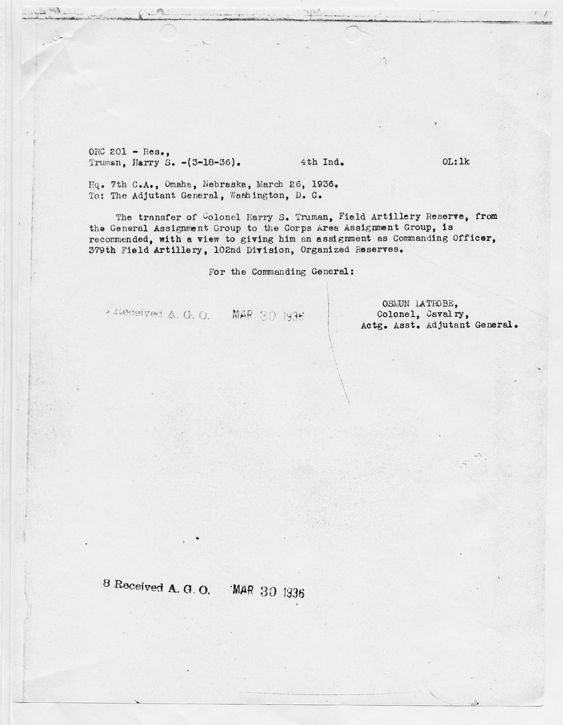 Memorandum from Colonel C. H. Muller to Commanding General, 7th Corps Area with Reply from Colonel Osmun Latrobe