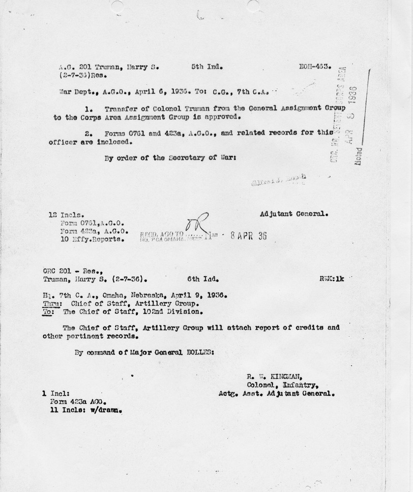 Memorandum from The Adjutant General to Commanding General, 7th Corps Area