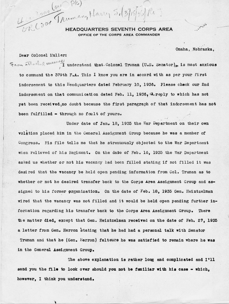 Letter from Colonel Osmun Latrobe to Colonel Muller