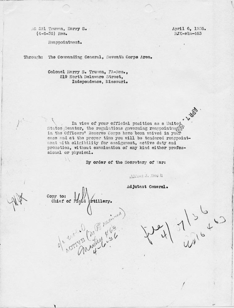 Memorandum from Adjutant General to Colonel Harry S. Truman