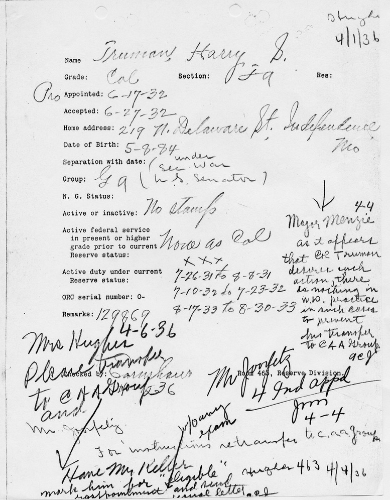 Personnel Information Sheet for Colonel Harry S. Truman