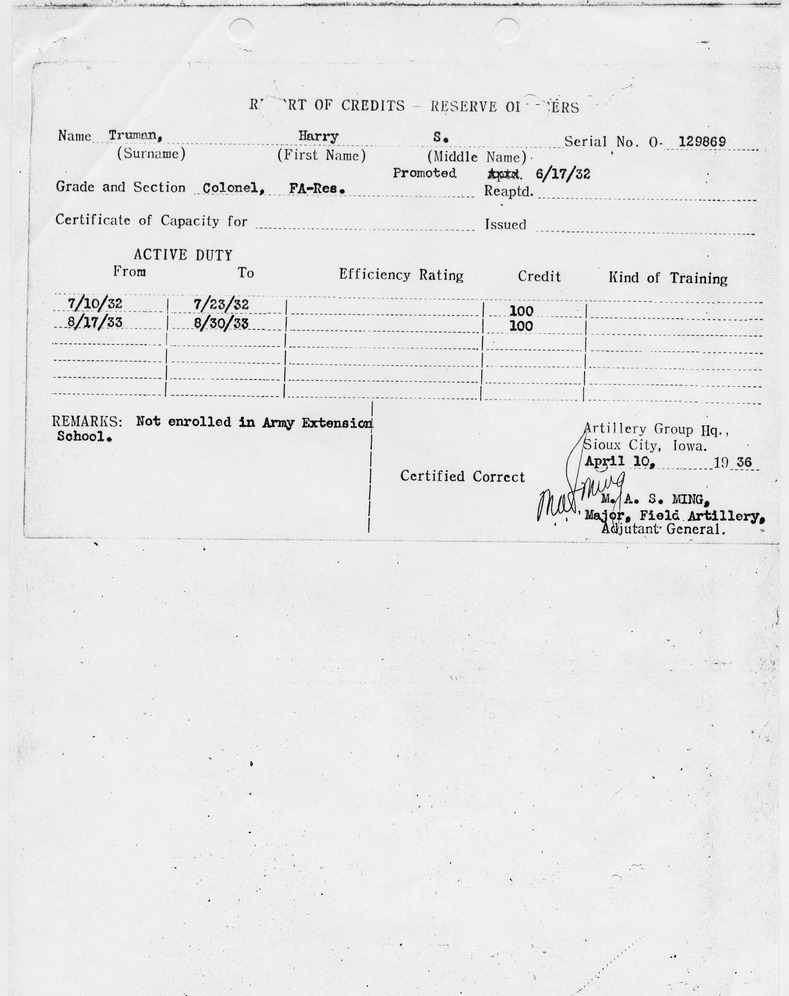 Report of Credits - Reserve Officers for Harry S. Truman