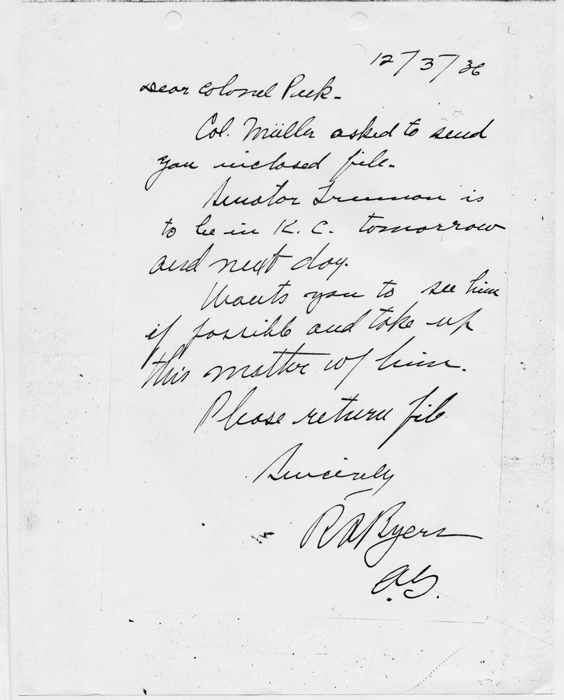 Handwritten Note from Adjutant General R. A. Byers to Colonel Peek