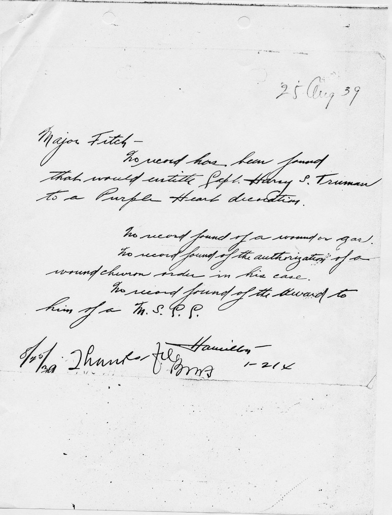 Correspondence Regarding Eligibility for Purple Heart for Harry S. Truman
