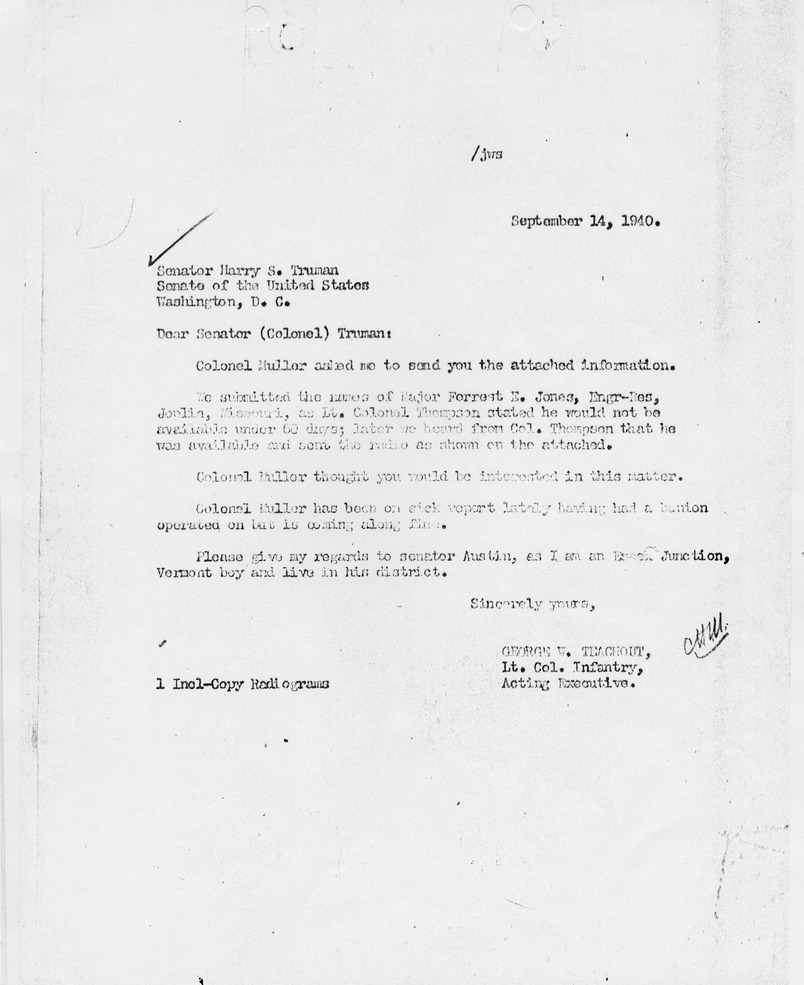 Letter from Lieutenant Colonel George W. Teachout to Senator Harry S. Truman