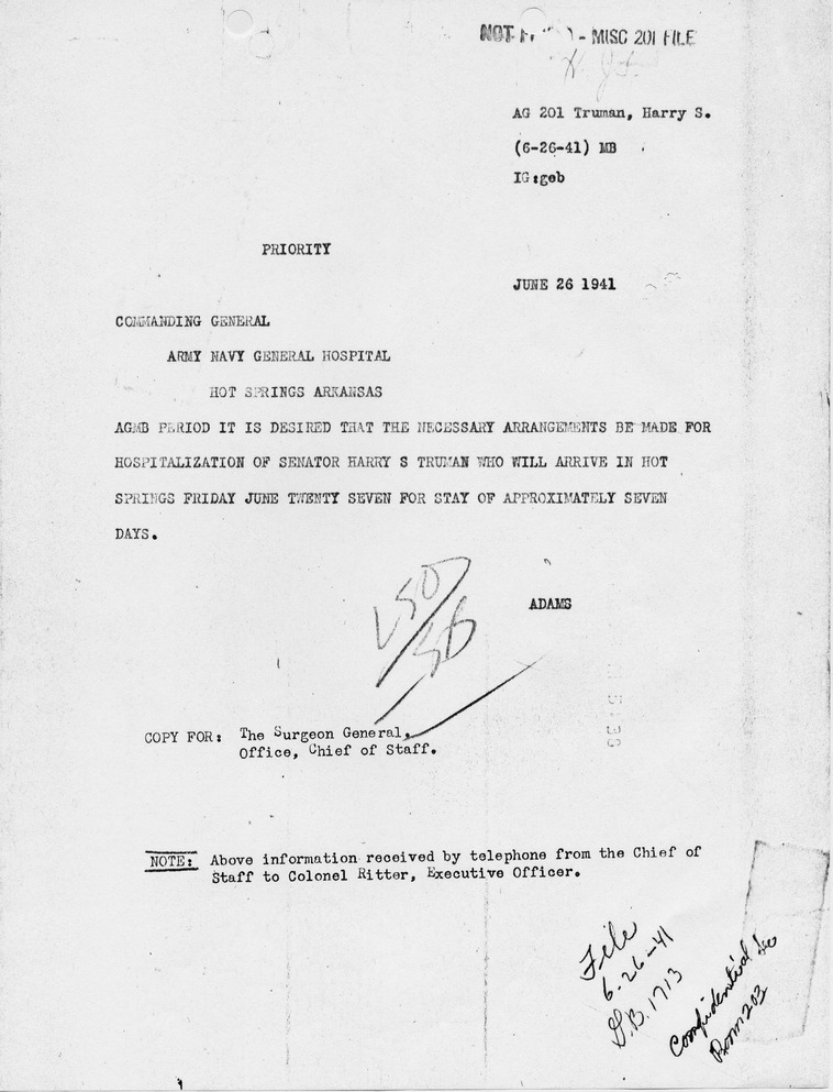 Memorandum from Adams to Commanding General, Army Navy General Hospital, Hot Springs, Arkansas