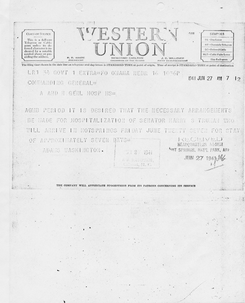 Telegram from Adams in Washington, D.C. to Commanding General Army and Navy General Hospital, Hot Springs, Arkansas