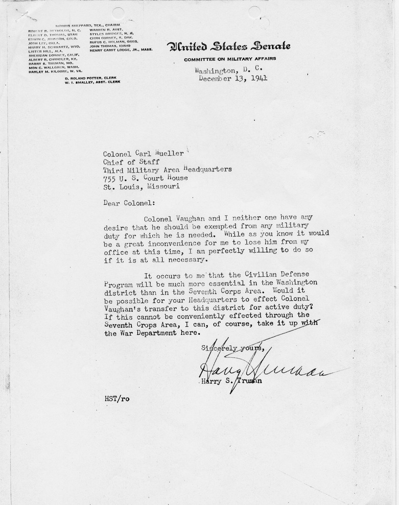 Correspondence Between Senator Harry S. Truman and Colonel Carl Mueller