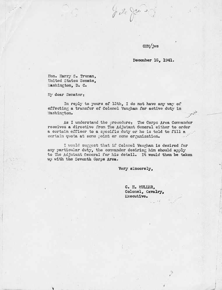Correspondence Between Senator Harry S. Truman and Colonel Carl Mueller