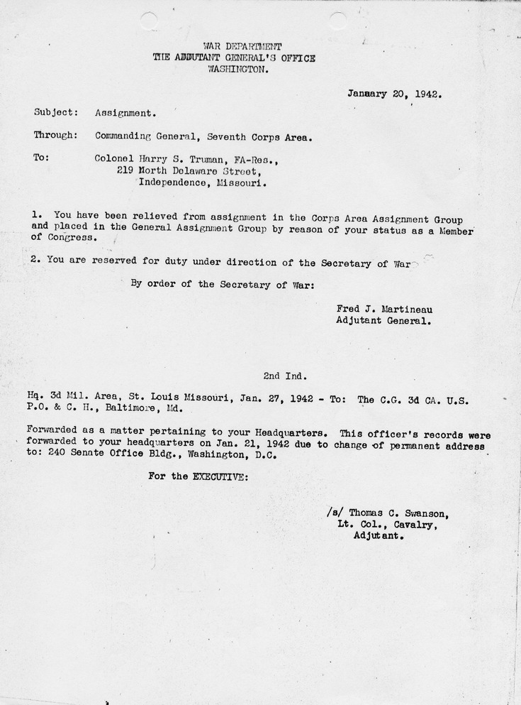 Memorandum from Adjutant General Fred J. Martineau to Colonel Harry S. Truman