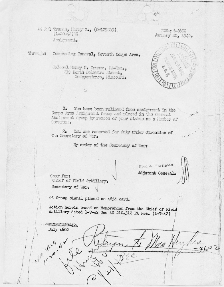 Memorandum from Adjutant Geneneral Fred J. Martinson to Colonel Harry S. Truman