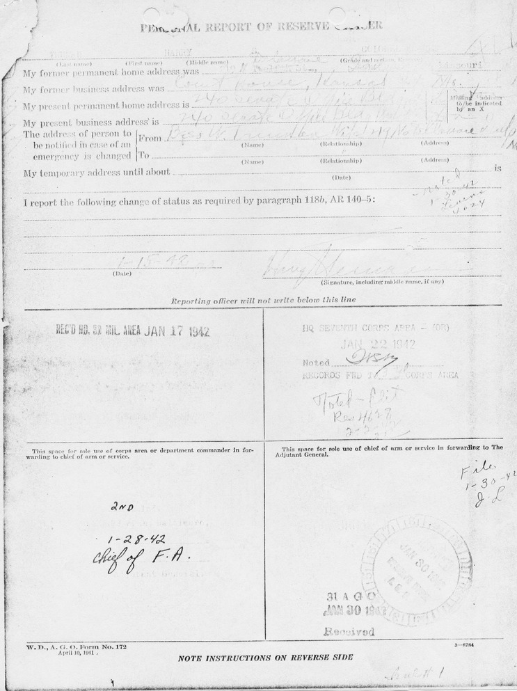 Personal Report of Reserve Officer for Colonel Harry S. Truman