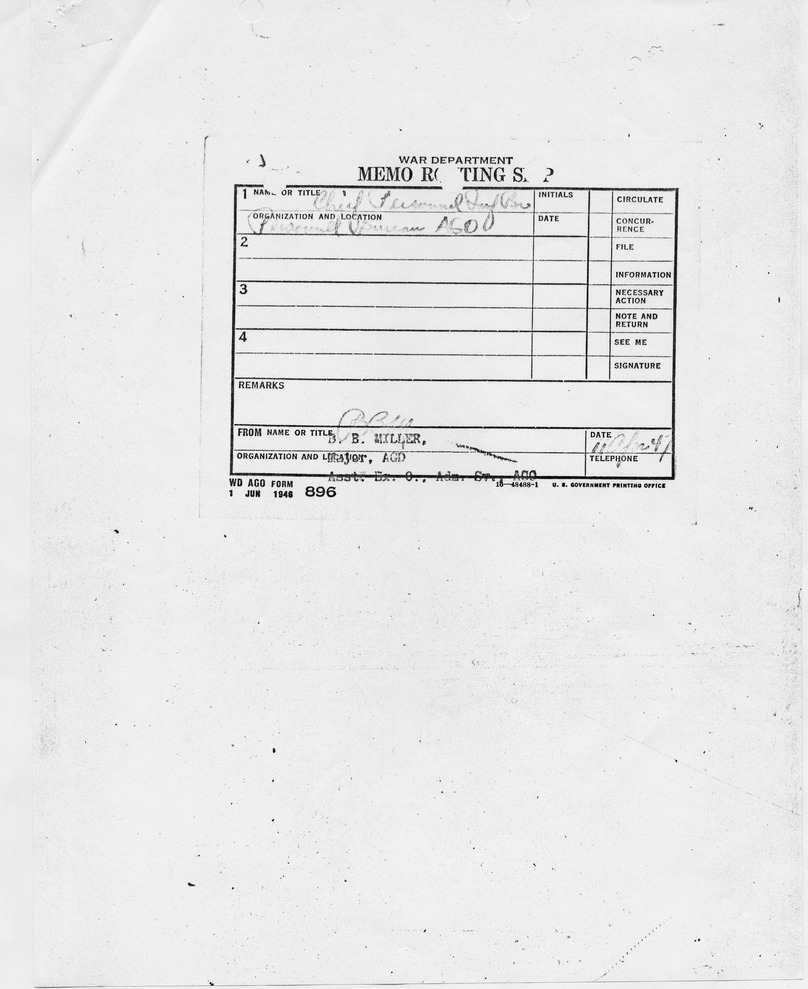 Routing Slip from Major B. B. Miller with Attachments