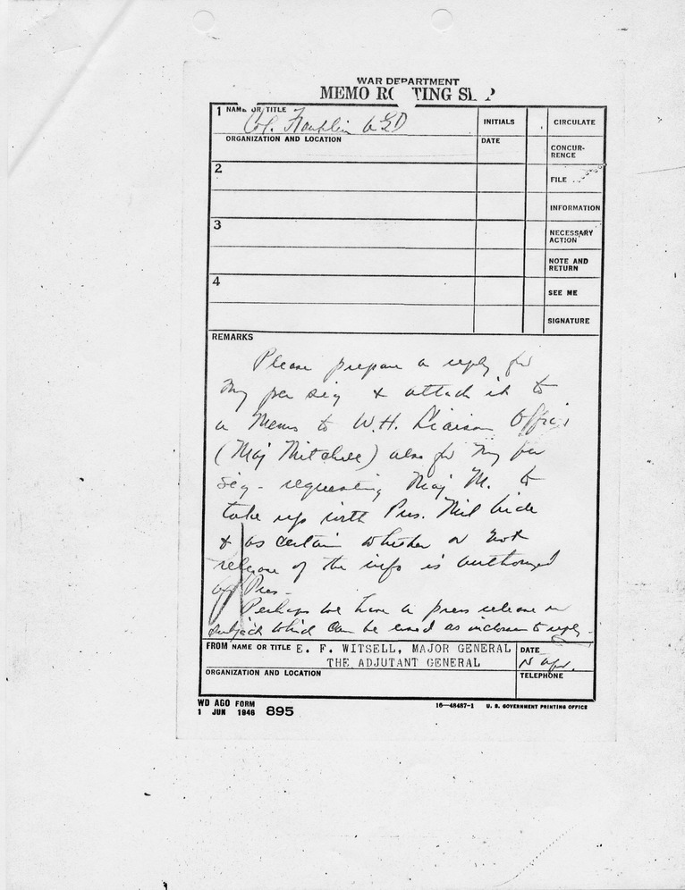 Routing Slip from Major B. B. Miller with Attachments