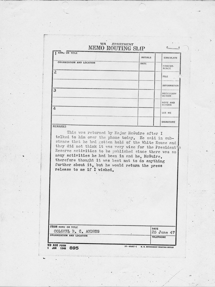 Memo Routing Slip frm Colonel B. C. Andrus