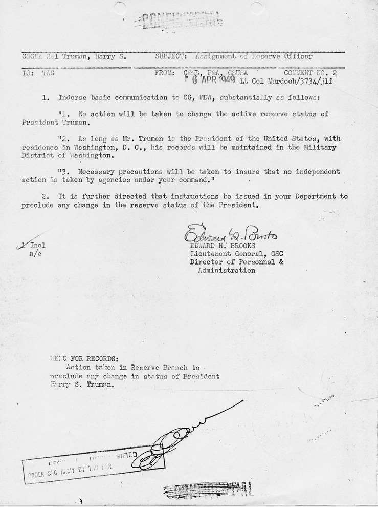 Memorandum from Lieutenant General Edward H. Brooks to The Adjutant General