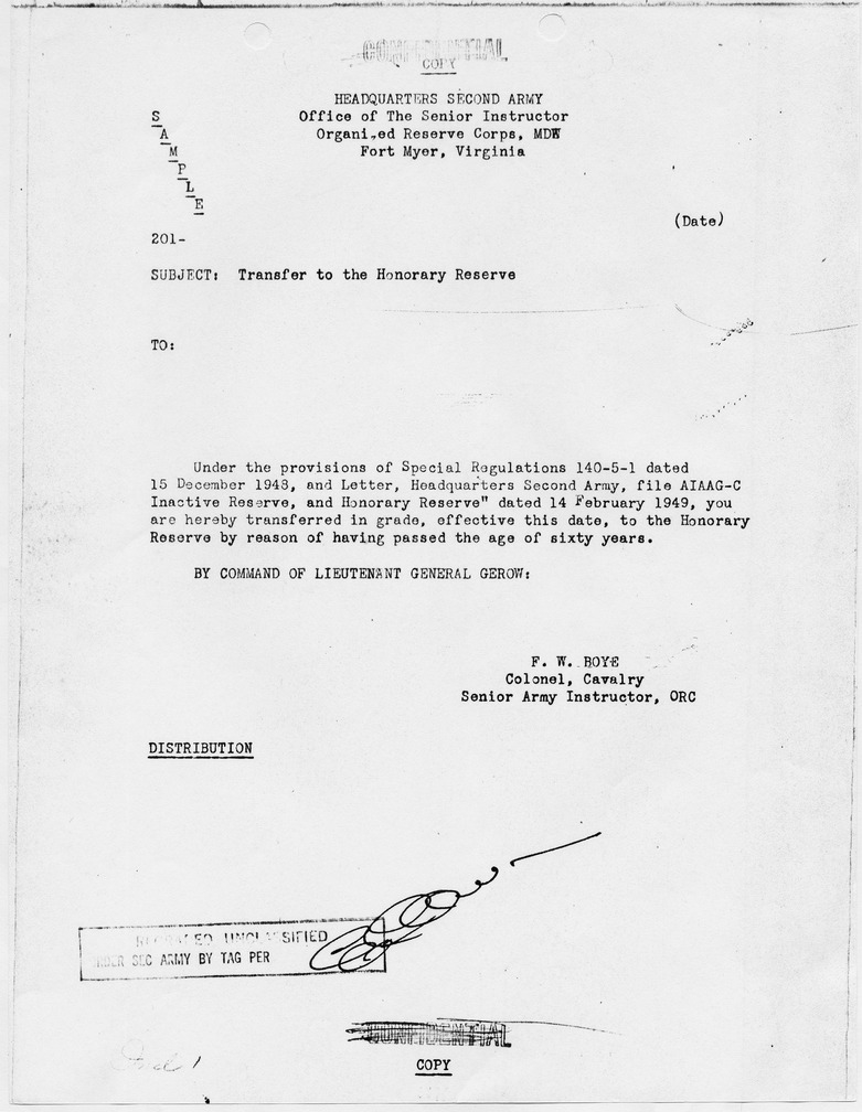 Sample Memorandum from Colonel F. W. Boye
