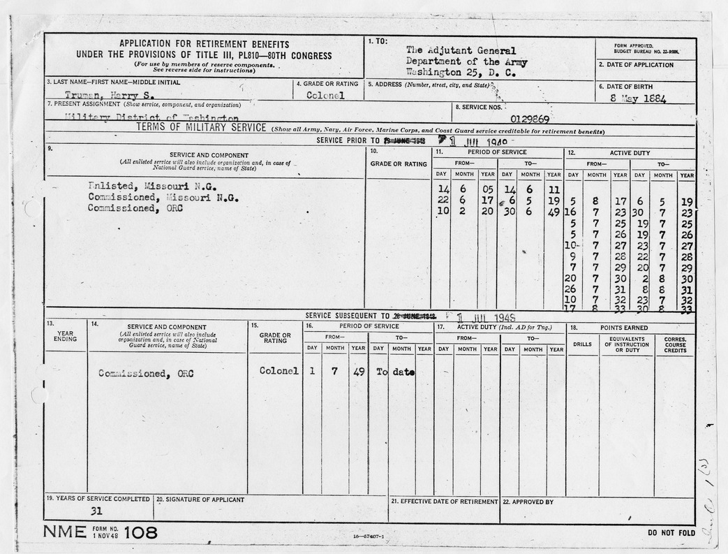 Application for Retirement Benefits for Harry S. Truman