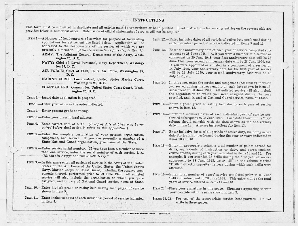Application for Retirement Benefits for Harry S. Truman
