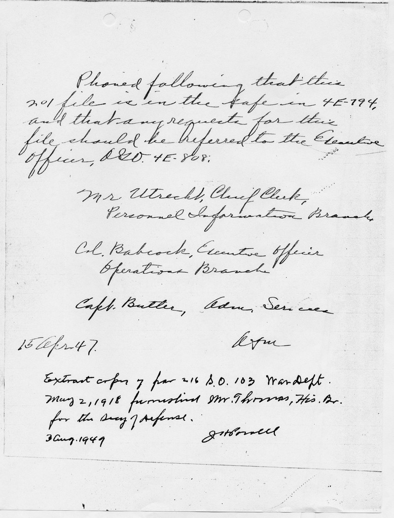 Handwritten Note, Location of Military Personnel File for President Harry S. Truman
