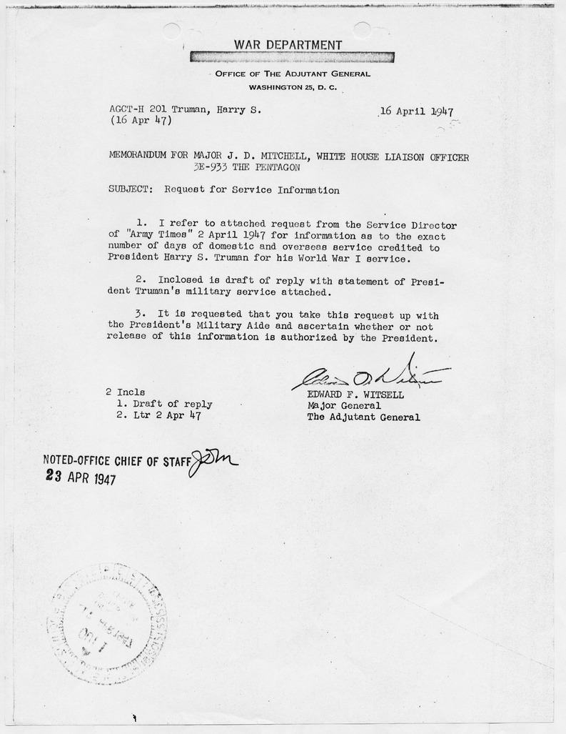 Memorandum from Major General Edward F. Witsell to Major J. D. Mitchell, White House Liaison Officer