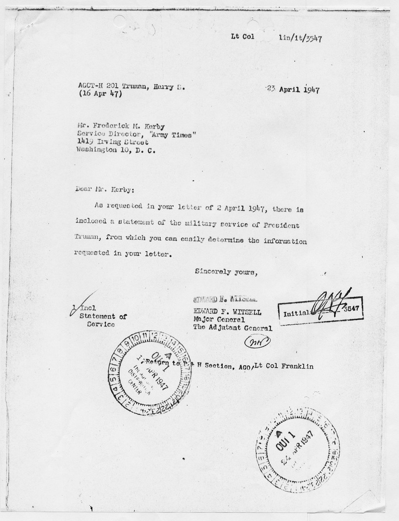 Memorandum from Major General Edward F. Witsell to Frederick M. Kerby
